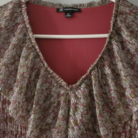 INC Womens Brown Floral/Metallic Long Sleeve V Neck Blouse Size XS - Picture 3 of 7